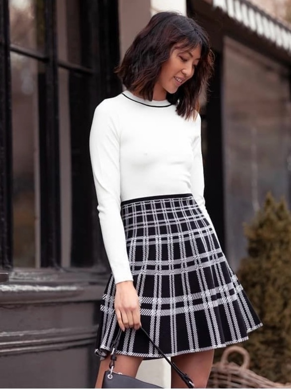 Karen Millen Long-Sleeve Knitted Plaid Skater Mini Dress Black White Size Medium